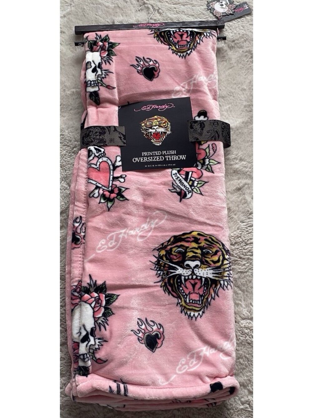 Ed Hardy Tattoo Printed Plush Oversized Throw Blanket Pink Tiger Skull Roses NEW